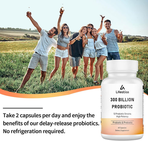 300 Billion CFU Probiotics - Probiotics for Women and Men, 12 Strains Plus Prebiotic for Immune & Digestive Health