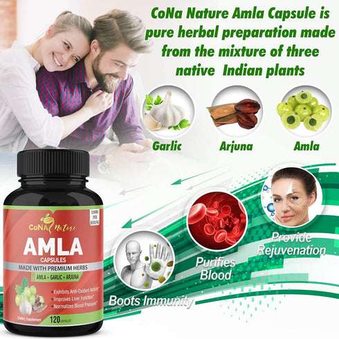 Organic Amla Capsules 2250mg & Arjuna, Garlic | 120 Caps | Natural Vitamin C Supplements, High Antioxidants, Supports