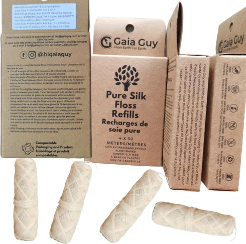 Gaia Guy Silk Dental Floss Refill, Unflavored Natural Silk, 4 Spools x 33yds, Compostable & Eco-Friendly Packaging