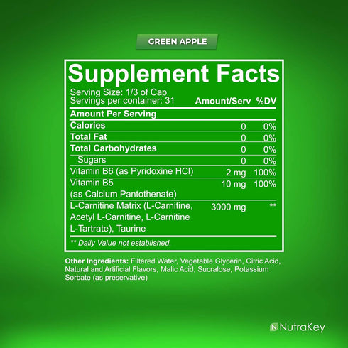 NutraKey L-Carnitine 3000mg, Green Apple Flavor, No Sugar, Gluten Free, 31 Servings