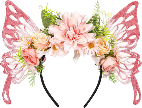 MOSTORY Flower Crown with Butterfly Fairy Wings Headband, Elf Woodland Hairband for Renaissance Cosplay Halloween