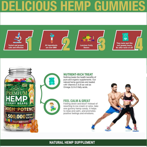 WELLUTION Hemp Gummies 1,500,000 XXL High Potency, Fruity Gummy Bear with Hemp Oil Supplements