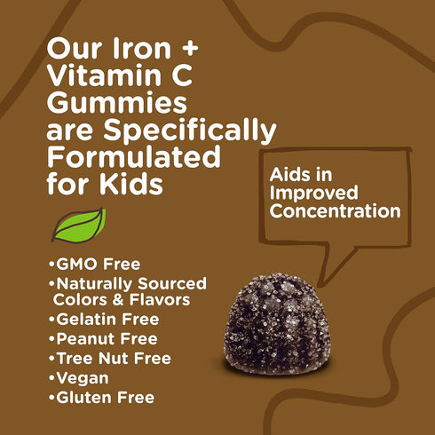 Iron Gummies for Kids with Vitamin C - Vegan, Gluten Free, Tasty Chewable Grape Flavored, Blood Builder