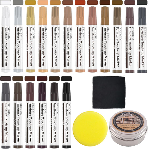 Furniture Repair Kit with 18 Colors Wood Repair Markers Set, Wood Polish Wax, Pens for Scratches, Stains, Tables,