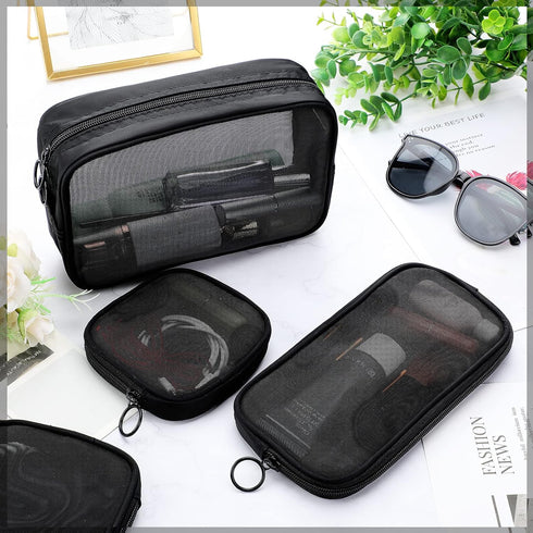 Weewooday 4 Pcs Mesh Makeup Bag, Travel Toiletry Pouch with Zipper, Black, Small, Large, Medium