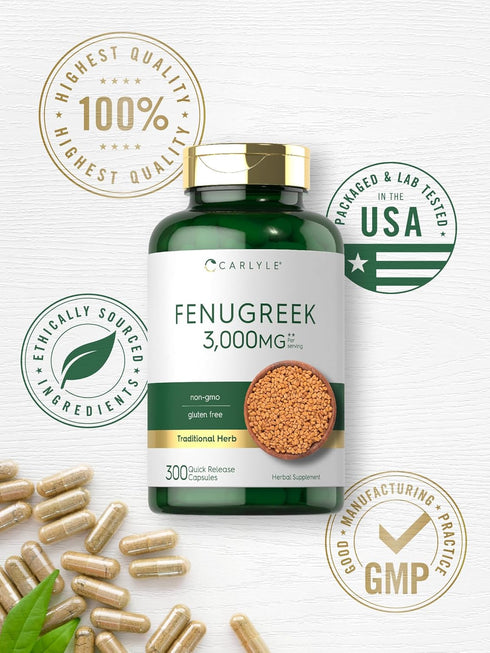 Carlyle Fenugreek Capsules, 300 Count, Non-GMO & Gluten Free Extract, Fenugreek Seeds