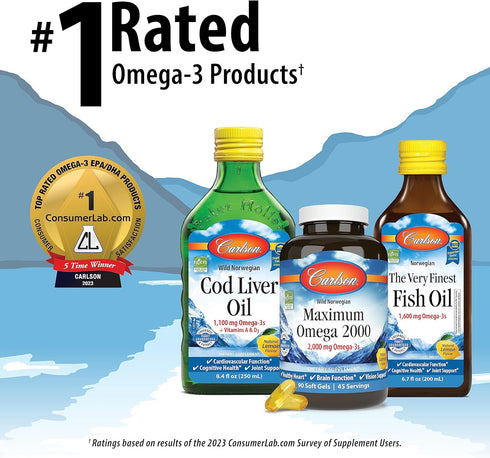 Carlson Super Omega-3 Gems + CoQ10 - 120 Softgels - 1200 mg Omega-3s, 200 mg CoQ10 - Circulation Function & Energy