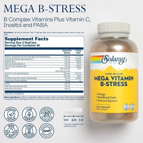 SOLARAY Mega Vitamin B-Stress, Timed Release Vitamin B Complex with B12, Stress & Energy Support, 240 CT