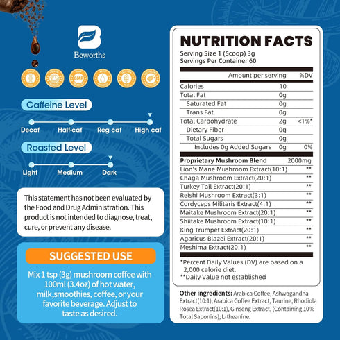 Immunity, 60 B BEWORTHS Mushroom Coffee Powder with Ashwagandha, L-theanine, Lion's Mane, Reishi, Chaga, Cordyceps