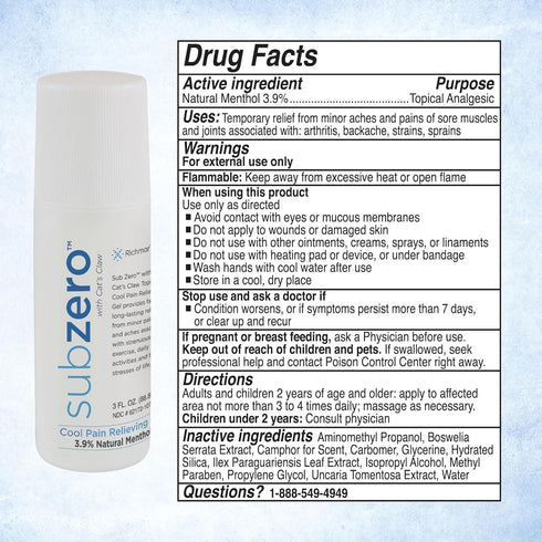 Sub Zero Cooling Pain Relief Gel, 3oz Roll-On for Muscle and Joint Relief