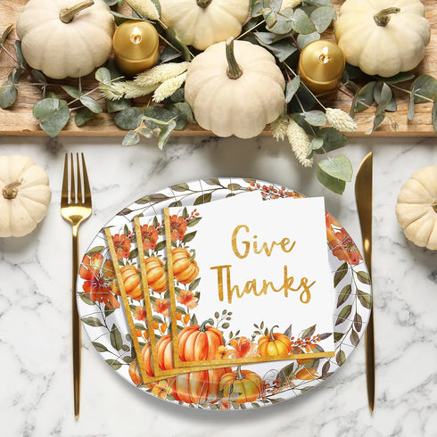 Maxdot 100 10 12 Inch Set 50 Pcs Thanksgiving Plates and Napkins x Disposable Gold Fall Pumpkin Oval Paper Plates