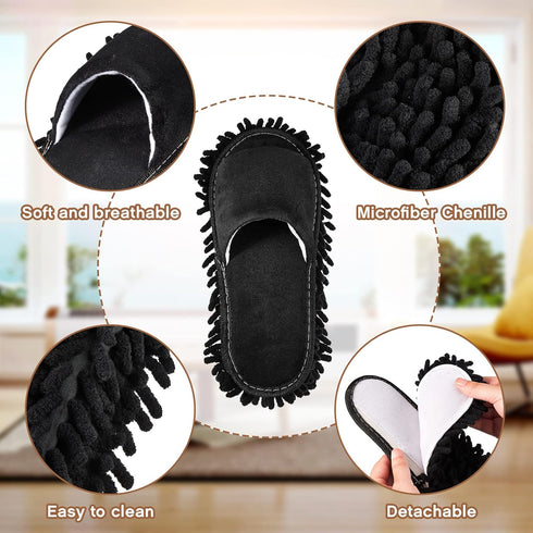 2 Pairs Microfiber Cleaning Mop Slippers for Floor Cleaning, Washable Unisex Dusting Slippers (Black, Beige, Medium)