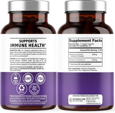 N1N Premium Black Elderberry Capsules, 60 Veg Caps, Max Strength, Pure Sambucus Nigra for Immunity & Skin Health