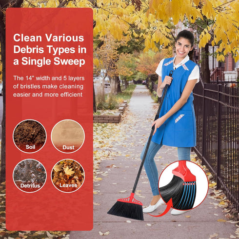 Heavy Duty Broom with 55" Long Handle - Black and Red Angle Broom for Indoor, Outdoor, Kitchen