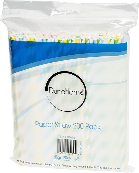 Paper Straws Biodegradable, 200 Pack, Striped Multi Colored, BPA-Free Disposable 8.25" Long Straw for Parties
