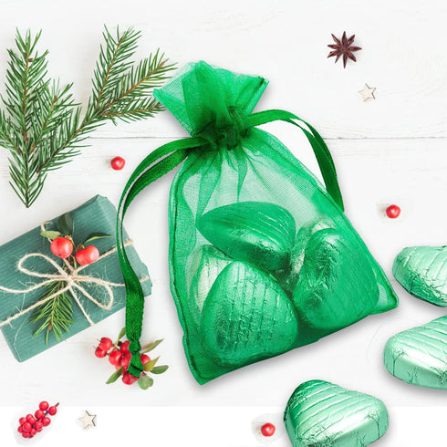 100Pcs 3x4 Inch Green Organza Bags with Drawstring, Small Mesh Jewelry Gift Pouches, Baby Shower Party Favor Bags