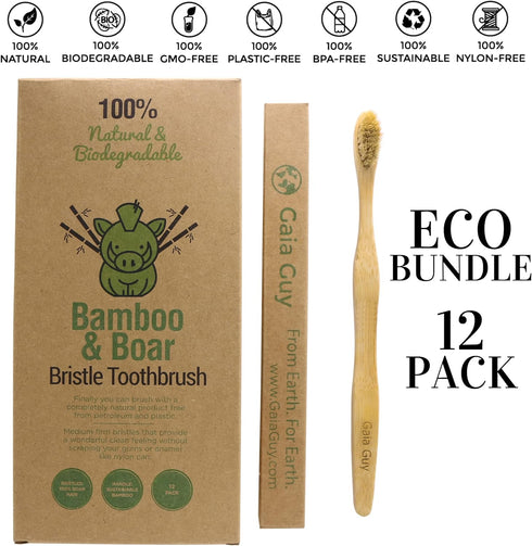 Gaia Guy Natural Bristle Bamboo Toothbrush with Boar Bristles - Biodegradable and Compostable, Zero Waste 12-Pack