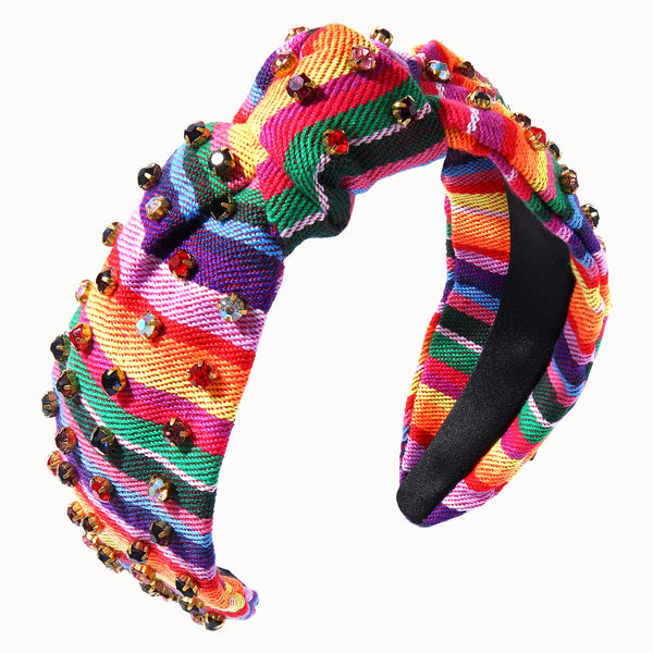 HEIDKRUEGER Knot Headband, Mexican Embroidered Fiesta Hair Accessories with Colorful Rhinestones