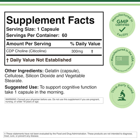 CDP Choline (Citicoline) Supplement, Pharmaceutical Grade, 60 Capsules, 300mg