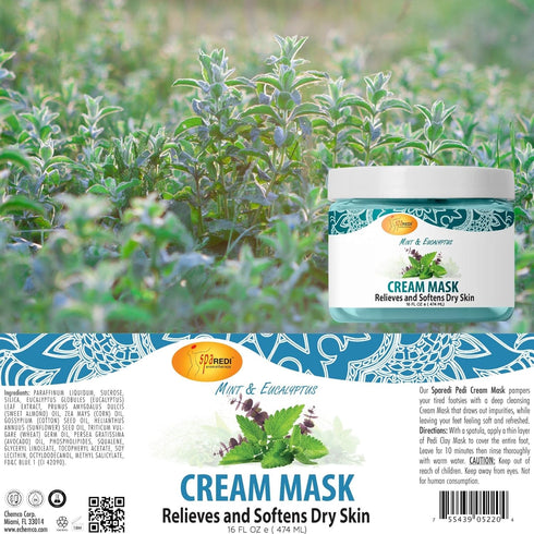 SPA REDI Body and Foot Cream Mask, Mint and Eucalyptus, 16 Oz, Hydrating Pedicure Massage for Tired Feet