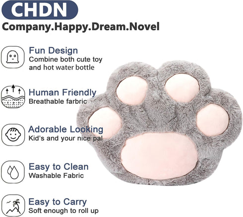 Rubber Hot Water Bottle with Cute Faux Fur Cover, Gray Paw01