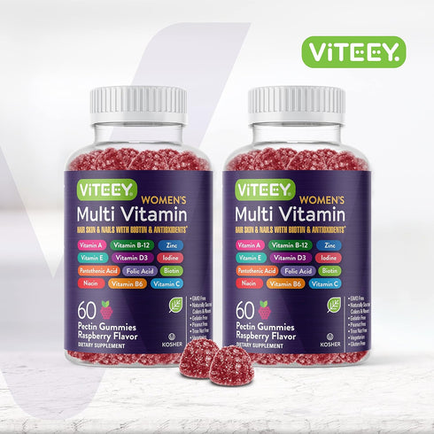 Womens Multivitamin Gummies - Immune Support - 12 in 1 Essential Daily Vitamins & Minerals - Vitamin A, C, D3, E, B6, B12, Folic Acid, Biotin, Calcium, Zinc & More - Vegetarian - Raspberry Flavored