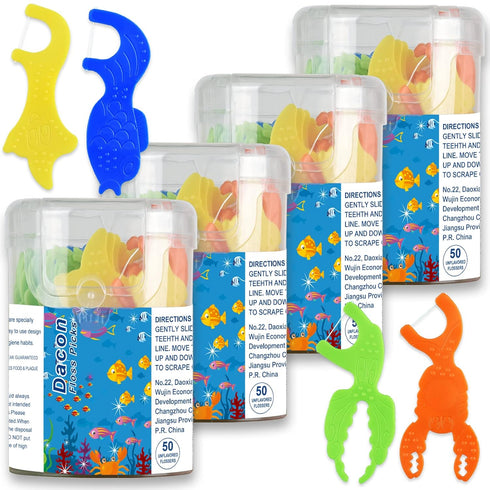 Kids Flossers - Unflavored Kids Dental Floss Picks in 4 Colors Ocean Animals Shaped, 50 Count (Pack of 4)
