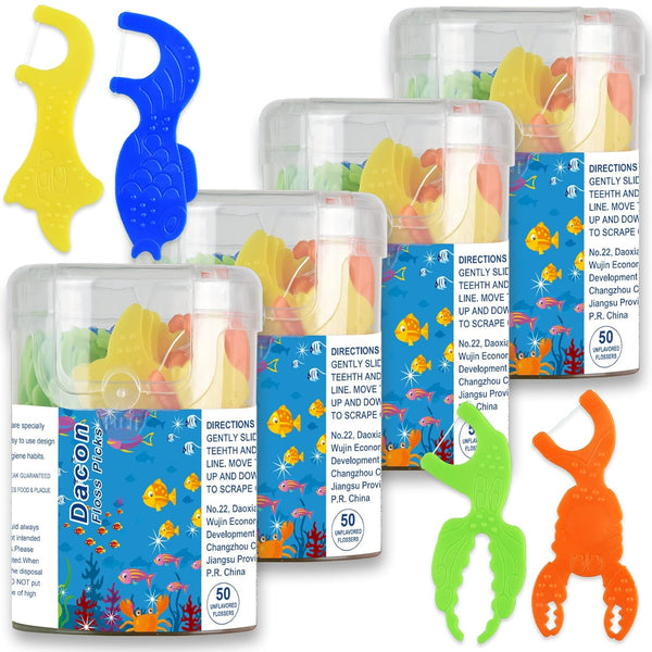 Kids Flossers - Unflavored Kids Dental Floss Picks in 4 Colors Ocean Animals Shaped, 50 Count (Pack of 4)