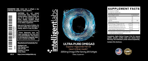 Intelligent Labs Triglyceride Omega 3 | 2250mg per 3-Capsule Serving | Burpless Fish Oil Capsules | Cardiovascular, Brain, Joint & Eye Support | 120 Softgels Per Bottle
