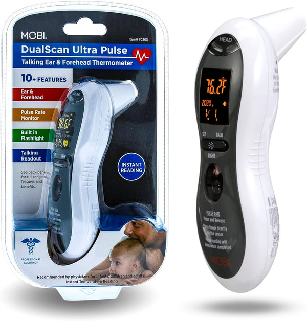 MOBI Ultra Pulse Digital Thermometer - Ear & Forehead Indicator, Pulse Rate Monitor, Talking Fever Monitor for All Ages