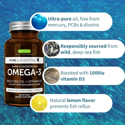 Pure & Essential Omega-3 & D3, 60 Softgels - 1000iu, Fast-Acting rTG for Eyes, Heart & Brain Function