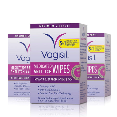 Vagisil Anti-Itch Medicated Feminine Wipes, Maximum Strength, 12 Wipes (Pack of 3)