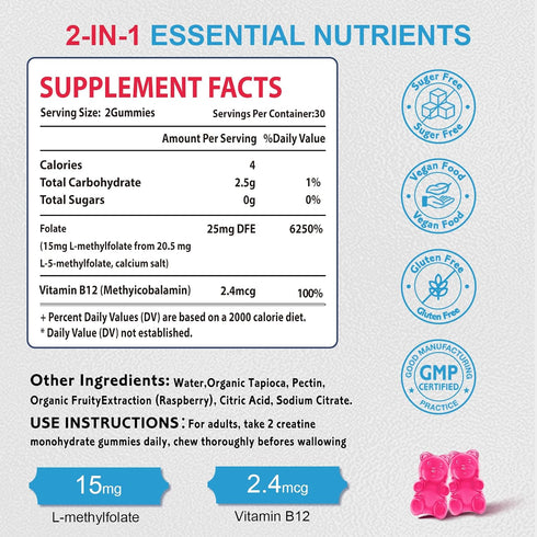 2 Pack L-Methylfolate 15mg Gummies, Folate & Vitamin B12 Supplement for Adult, Active Folic Acid Supplement for Brain & Mood Support, Non-GMO, Vegan, Cranberry Flavor, 120 Count