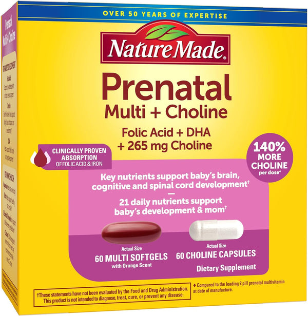 Nature Made Prenatal Vitamin Softgels + Choline - 60 Prenatal Vitamins & 60 Choline Capsules for Women