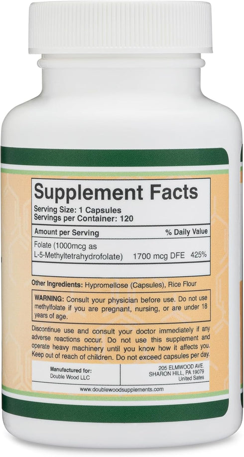 Methylfolate 1,000mcg, 120 Capsules - Third Party Tested Methyl Folate Supplement, Non-GMO, Vegan Safe