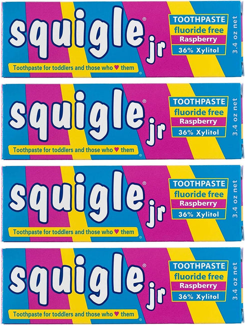 Squigle Jr Toothpaste 4 Pack for Infants, Toddlers - Travel Toothpaste Prevents Cavities, Soothes Dry Mouths