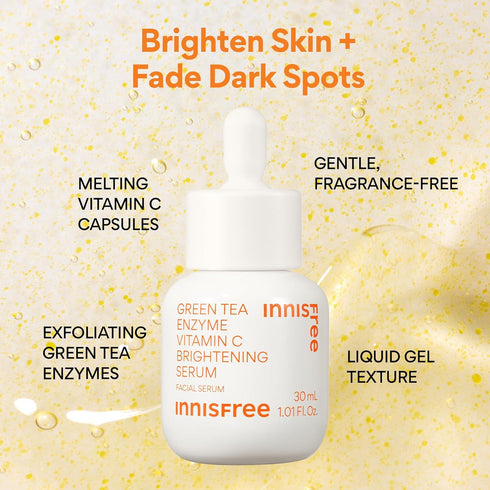 innisfree Green Tea Enzyme Vitamin C Brightening Serum for Dark Spot Fading, Korean Face Serum