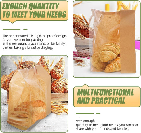 WEKAMOS 50pcs Packaging Kraft Paper Bakery Bread Bags with Window, Medium Size Bread Storage Pouches for Toast