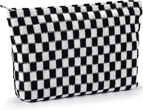 Checkered Makeup Bag for Women, Large Capacity Black Travel Cosmetic Bag Set, Cute Y2K Aesthetic Makeup Organizer