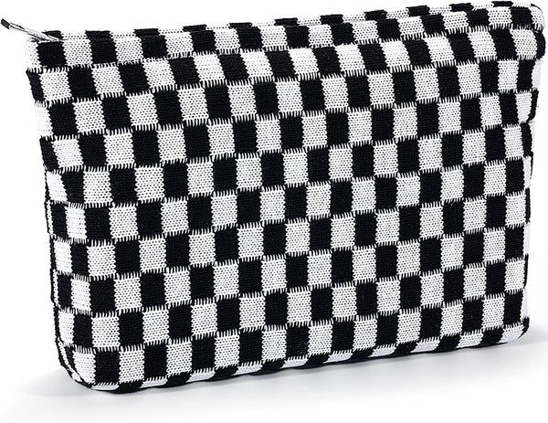 Checkered Makeup Bag for Women, Large Capacity Black Travel Cosmetic Bag Set, Cute Y2K Aesthetic Makeup Organizer