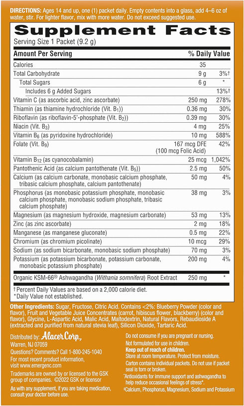 Emergen-C Vitamin C Ashwagandha Drink Mix, 18 Count, Dietary Supplement for Immune Support, Berry Blend