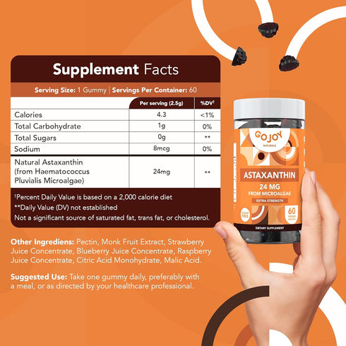 Chewable Astaxanthin Gummies - 24mg Natural Antioxidant Supplement, Vegan, Sugar-Free, 2 Month Supply (60 Gummies)