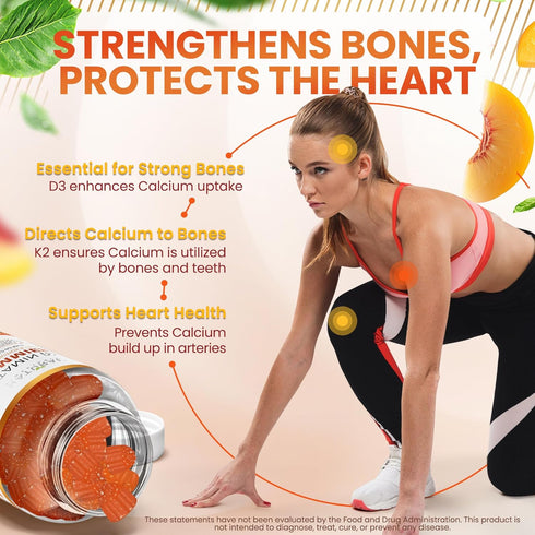 Sugar Free Vitamin D3 K2 Gummies - 5000 IU D3 + 80 mcg K2, Gluten-Free, Non-GMO, Natural Peach Flavor
