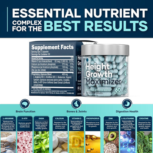 Height Growth Maximizer, Premium Supplement for Kids & Teens to Grow Taller Naturally, Bone Support Complex
