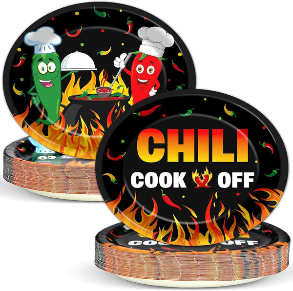 50 Pcs Chili Cook Off Oval Paper Plates, 11 inch Large Disposable Platters for Mexican Fiesta Chili Cooking Competition