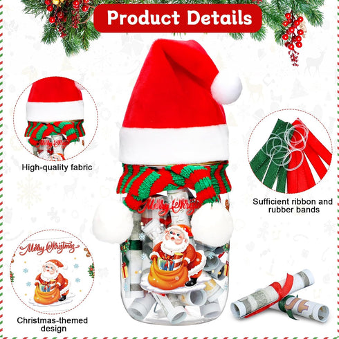 MUOUAKATE Christmas Money Holders for Cash, Christmas Mason Jar with Santa Hat Scarf and Stickers, DIY Cash Holder