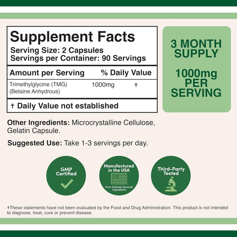 Double Wood Supplements TMG Trimethylglycine Supplement 1,000mg Per Serving, 180 Capsules (TMG Supplements for Homocysteine Control) Genuine TMG with Fishy Smell, Gluten Free, Non-GMO