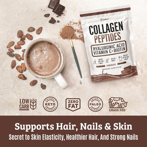 Chocolate Collagen Powder with Hyaluronic Acid and Vitamin C - Collagen Peptides for Hair, Skin, Nails, Joint, Keto