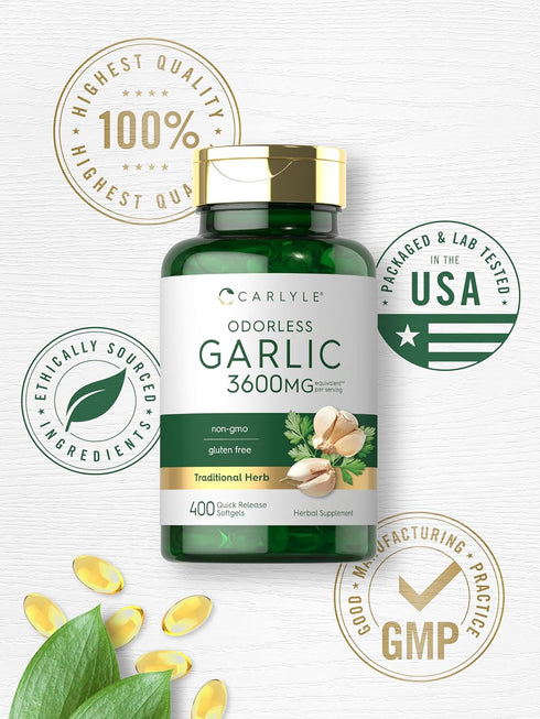Carlyle Odorless Garlic Extract 3600mg - 400 Count, Non-GMO, Gluten Free Supplement