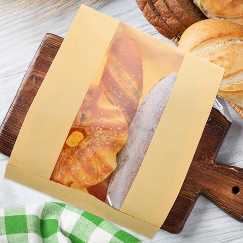 Packaging 100pcs GLEAVI Kraft Paper Bread Bags with Window, Oil-proof Toast Bags Large Yellow Baking Pastry Storage